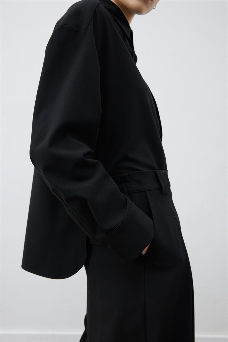 BLAKE VİSKON PİLE DETAYLI PANTOLON GÖMLEK TAKIM SİYAH