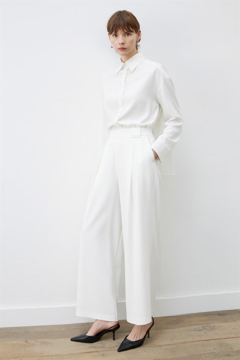 BLAKE VİSKON PİLE DETAYLI PANTOLON GÖMLEK TAKIM EKRU