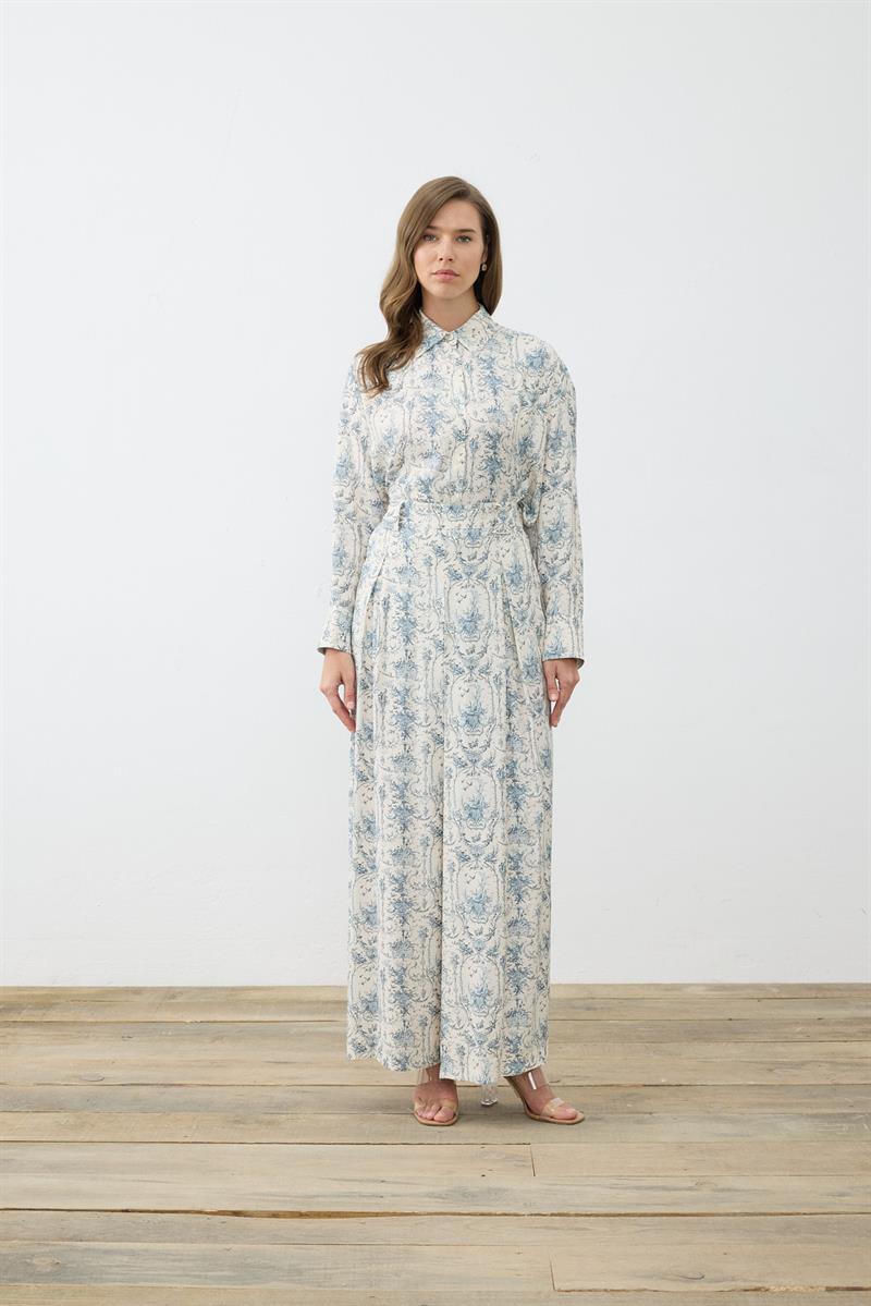 BLANC DESENLİ RAYON VİSKON PİLELİ PANTOLONLU TAKIM BEBE MAVİ