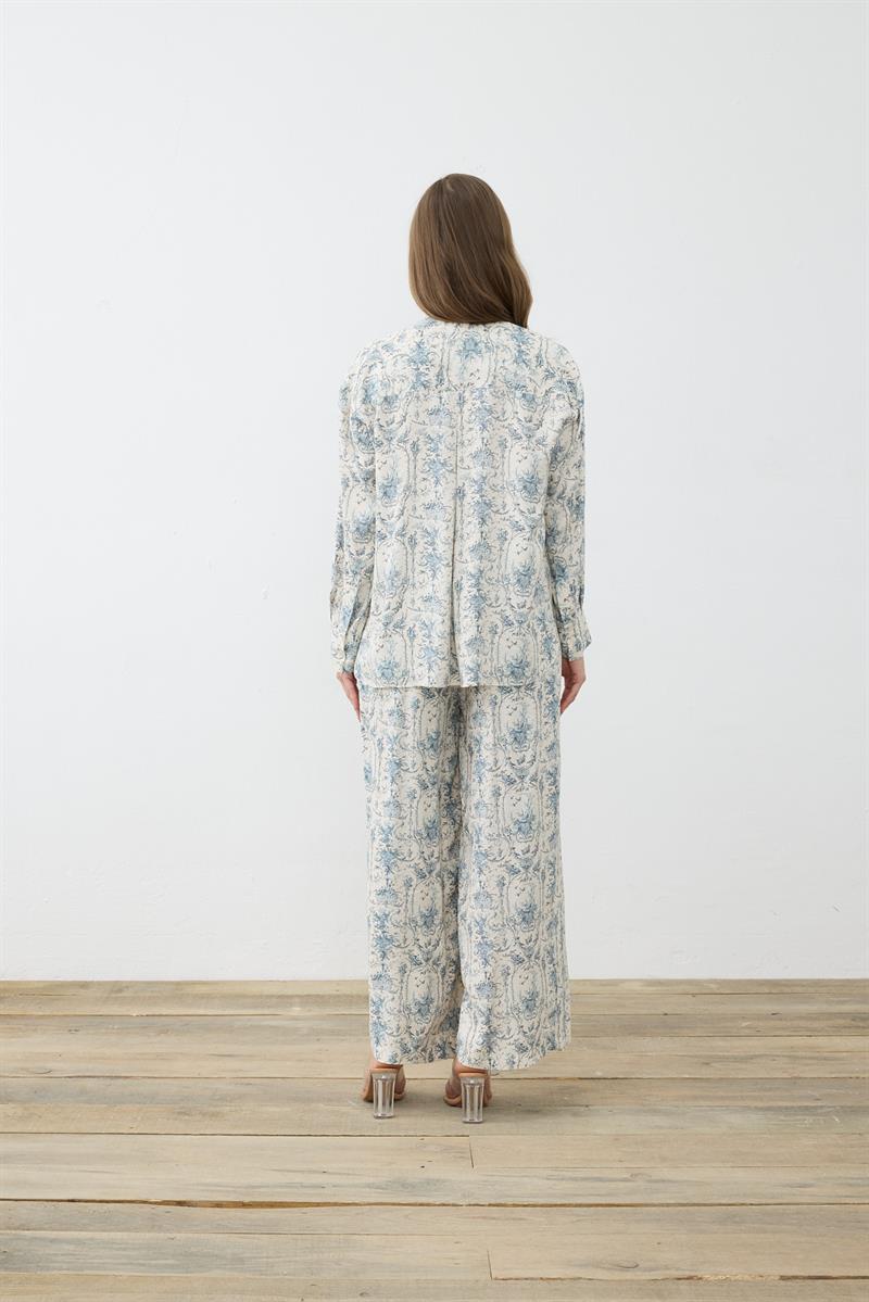 BLANC DESENLİ RAYON VİSKON PİLELİ PANTOLONLU TAKIM BEBE MAVİ