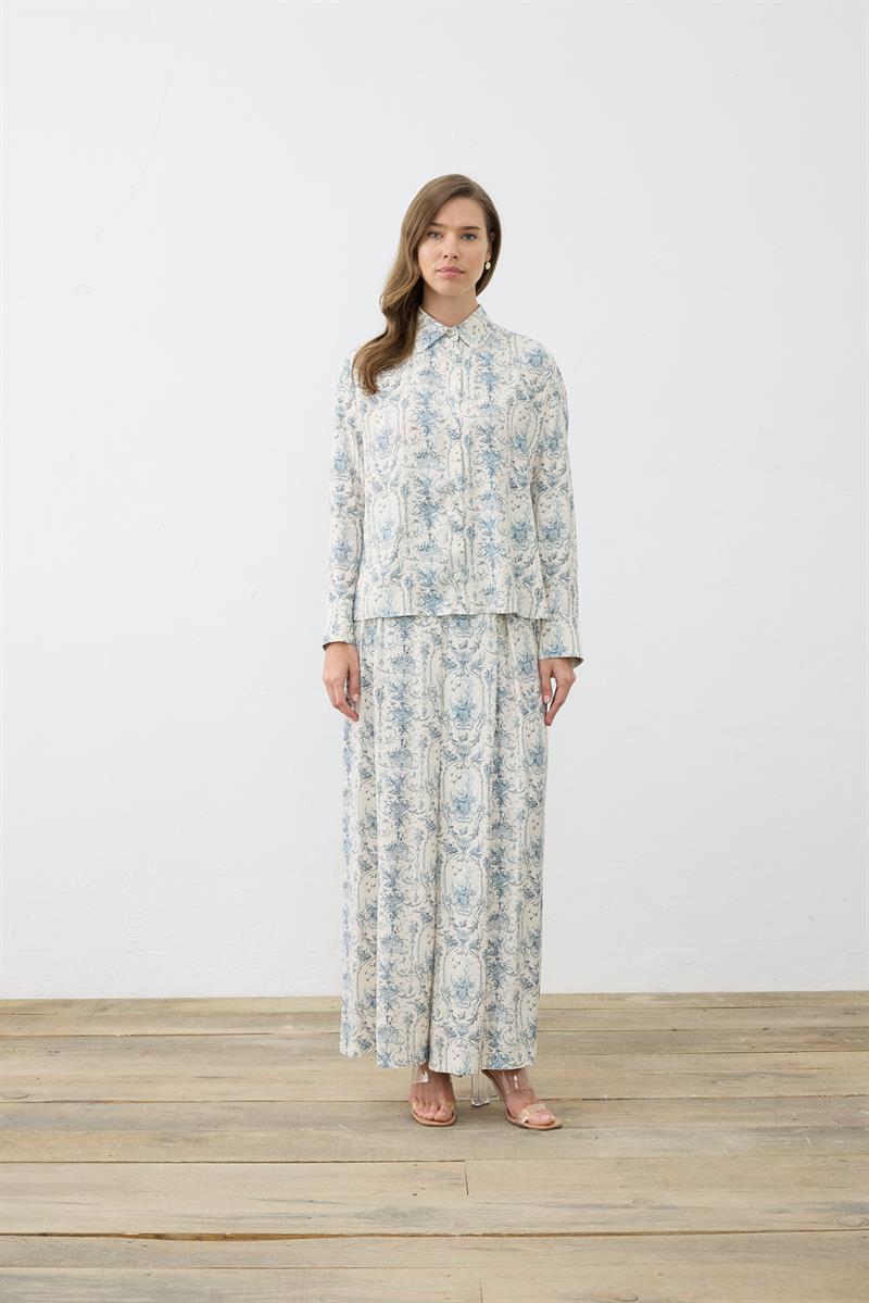 BLANC DESENLİ RAYON VİSKON PİLELİ PANTOLONLU TAKIM BEBE MAVİ