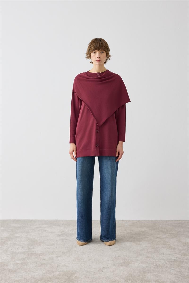 BRELA ŞAL DETAYLI TRİKO HIRKA BORDO