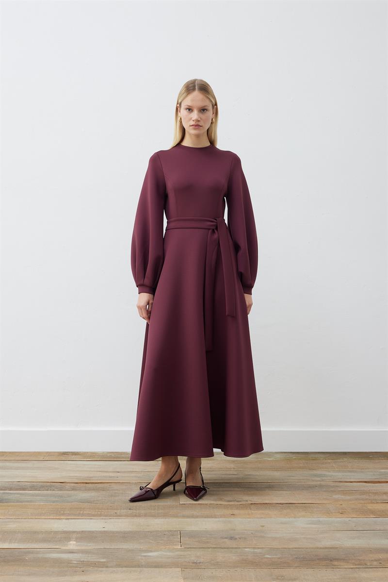 CAROL SCUBA PUFF DRESS BURGUNDY