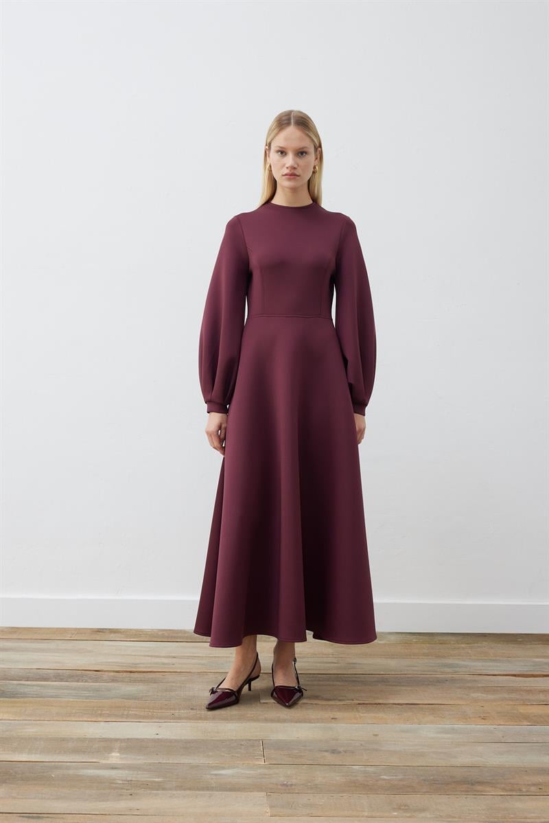 CAROL SCUBA PUFF DRESS BURGUNDY