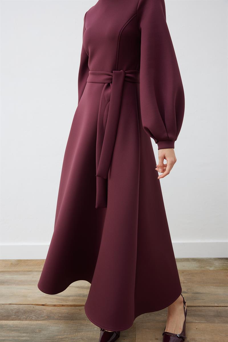 CAROL SCUBA PUFF DRESS BURGUNDY