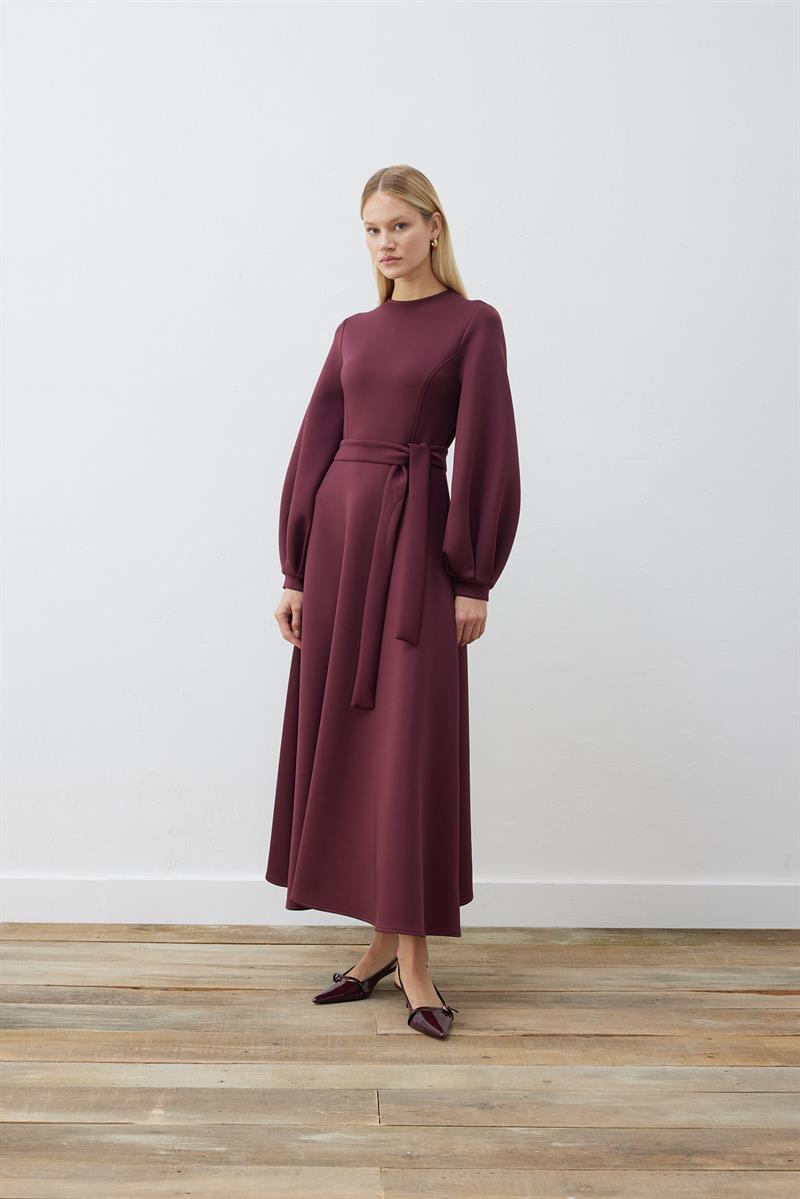 CAROL SCUBA PUFF DRESS BURGUNDY