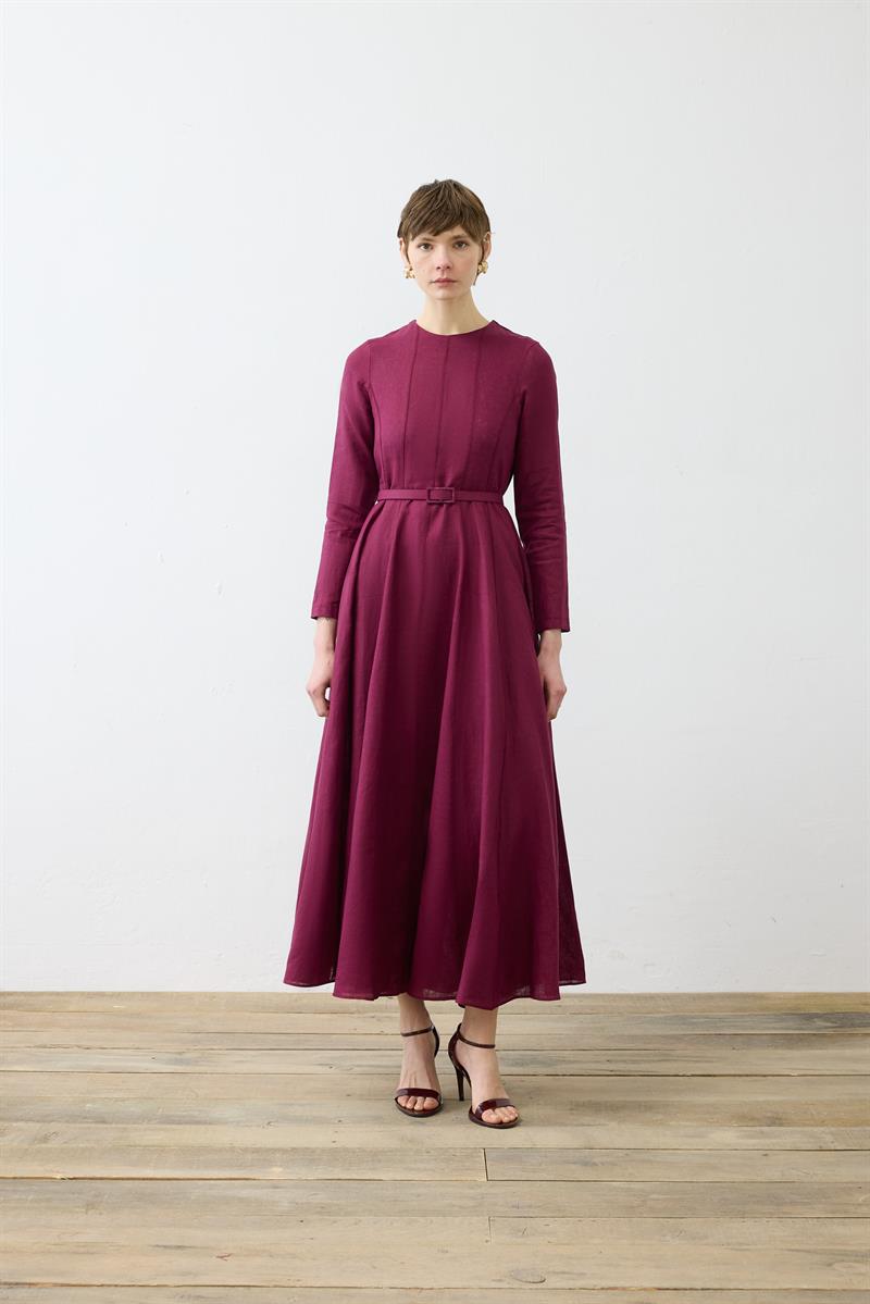 CLARA %100 LINEN FITTED DRESS BURGUNDY