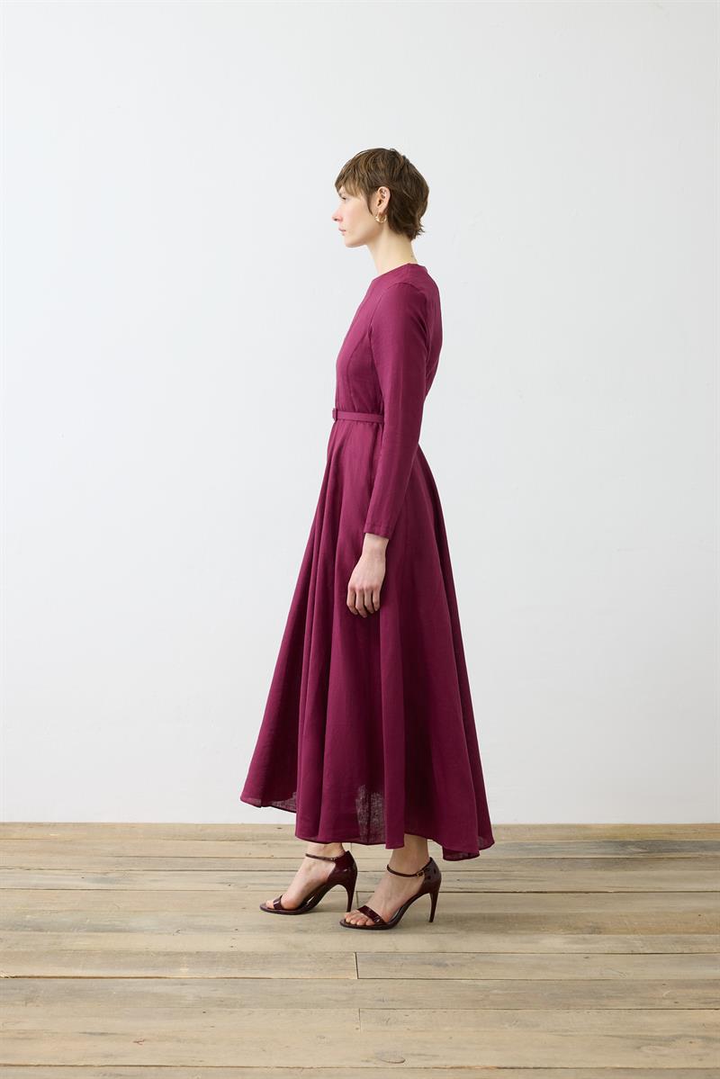 CLARA %100 LINEN FITTED DRESS BURGUNDY