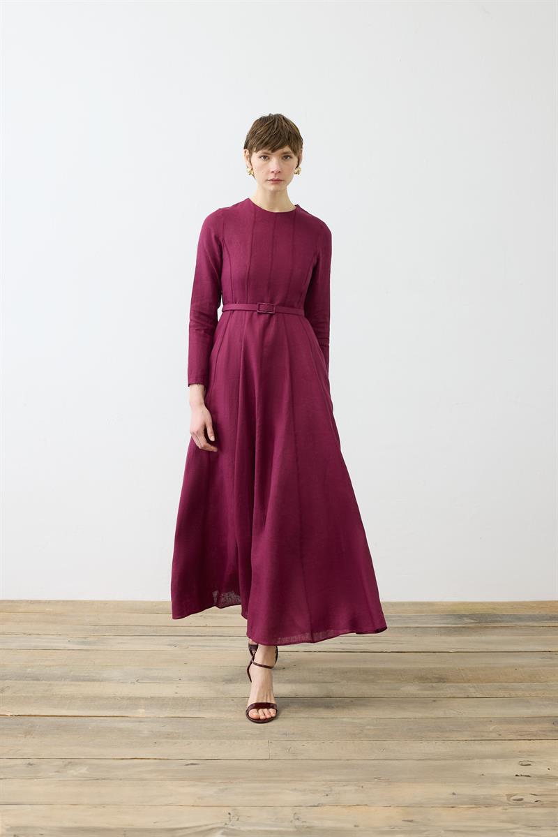 CLARA %100 LINEN FITTED DRESS BURGUNDY