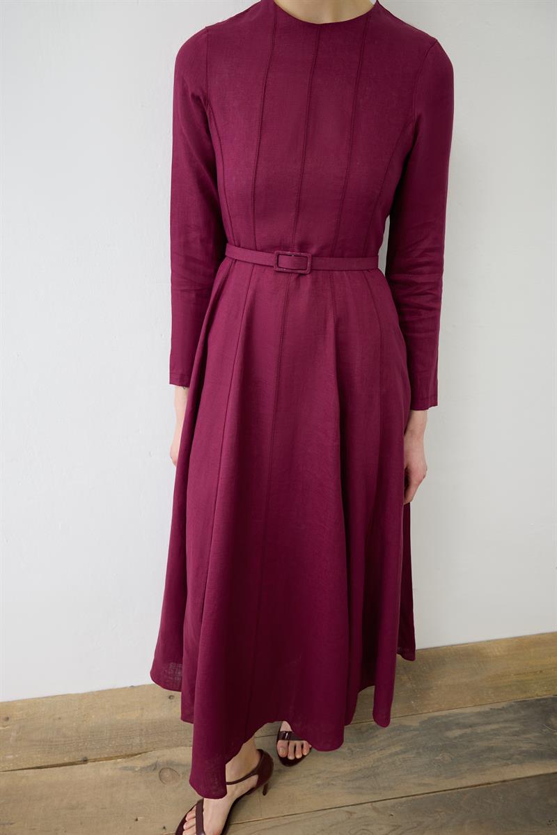 CLARA %100 LINEN FITTED DRESS BURGUNDY