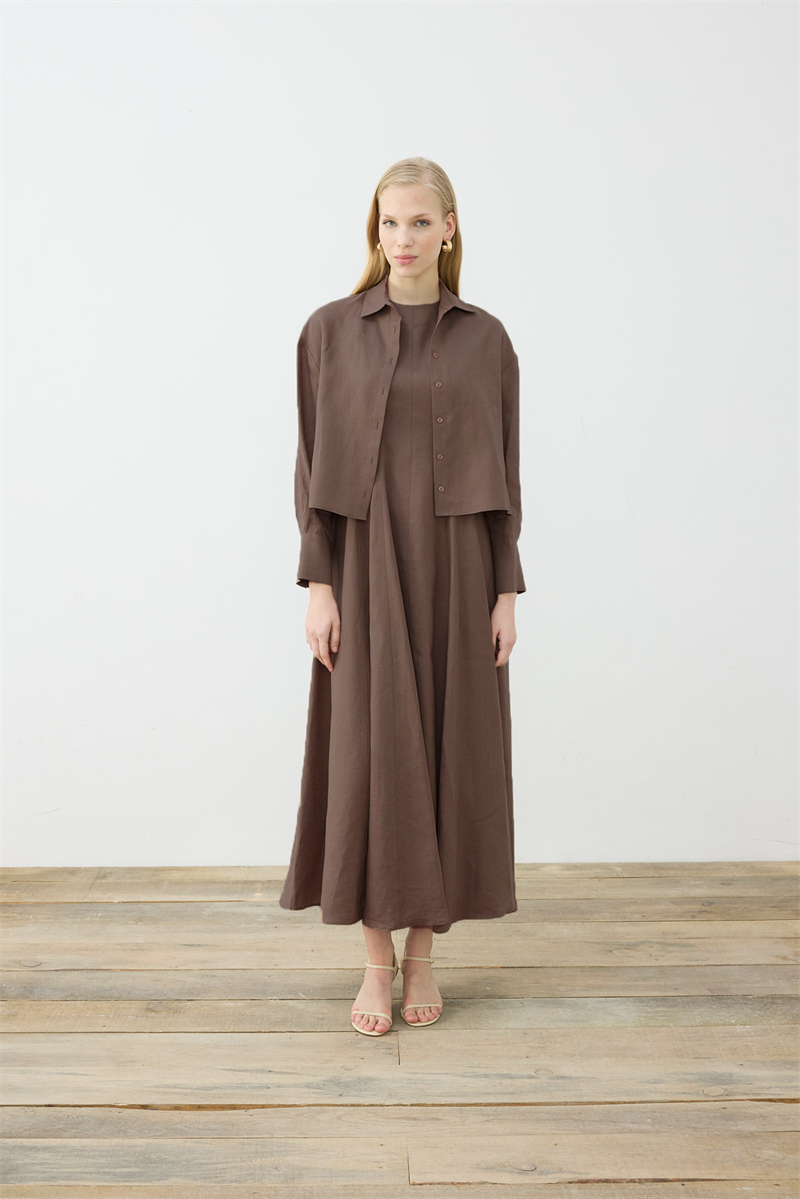 CLARA %100 LINEN SLEEVELESS FITTED DRESS ETOUPE