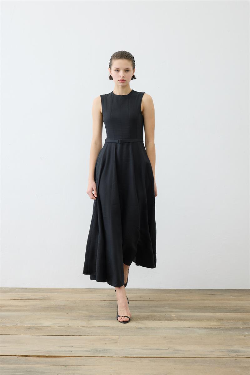 CLARA %100 LINEN SLEEVELESS FITTED DRESS BLACK