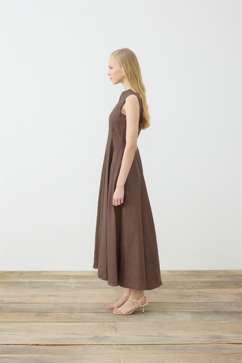 CLARA %100 LINEN SLEEVELESS FITTED DRESS ETOUPE