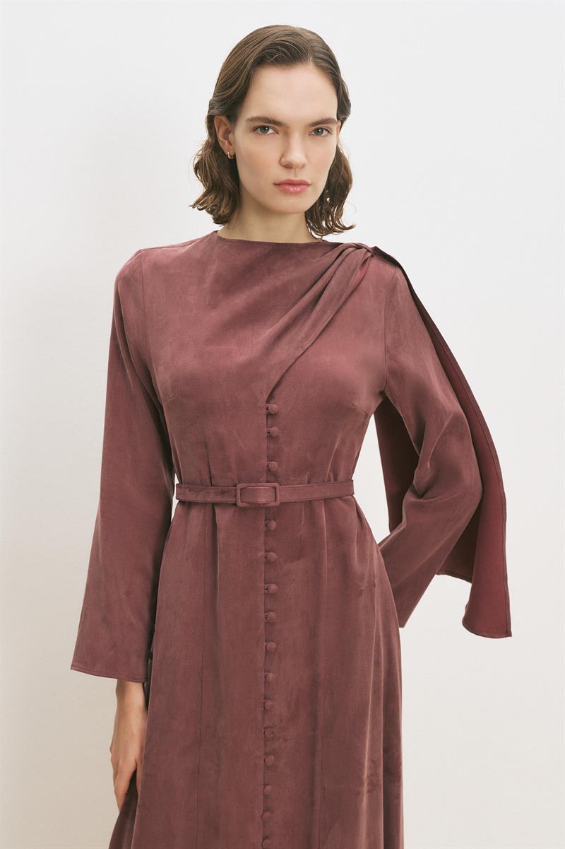 DANTE LYOCELL ŞAL DETAYLI BRİTLİ ELBİSE BORDO