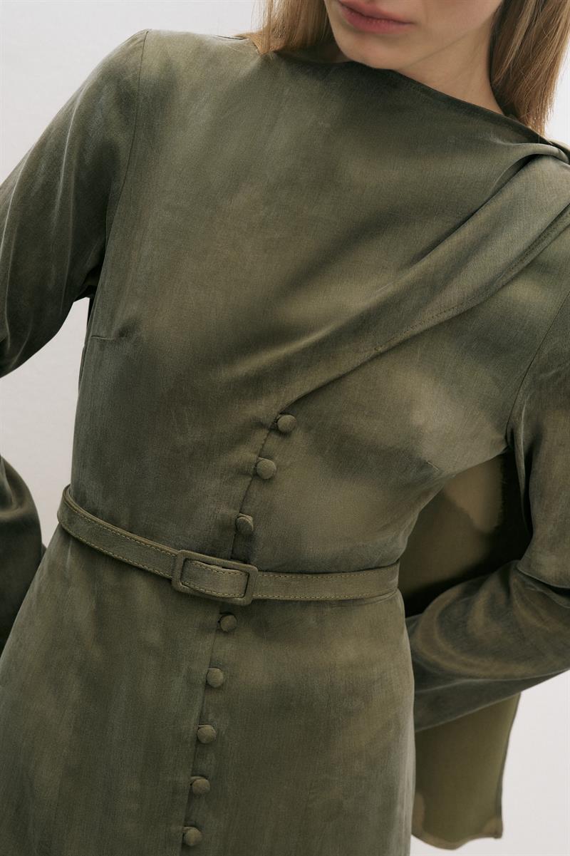 DANTE LYOCELL ŞAL DETAYLI BRİTLİ ELBİSE HAKİ