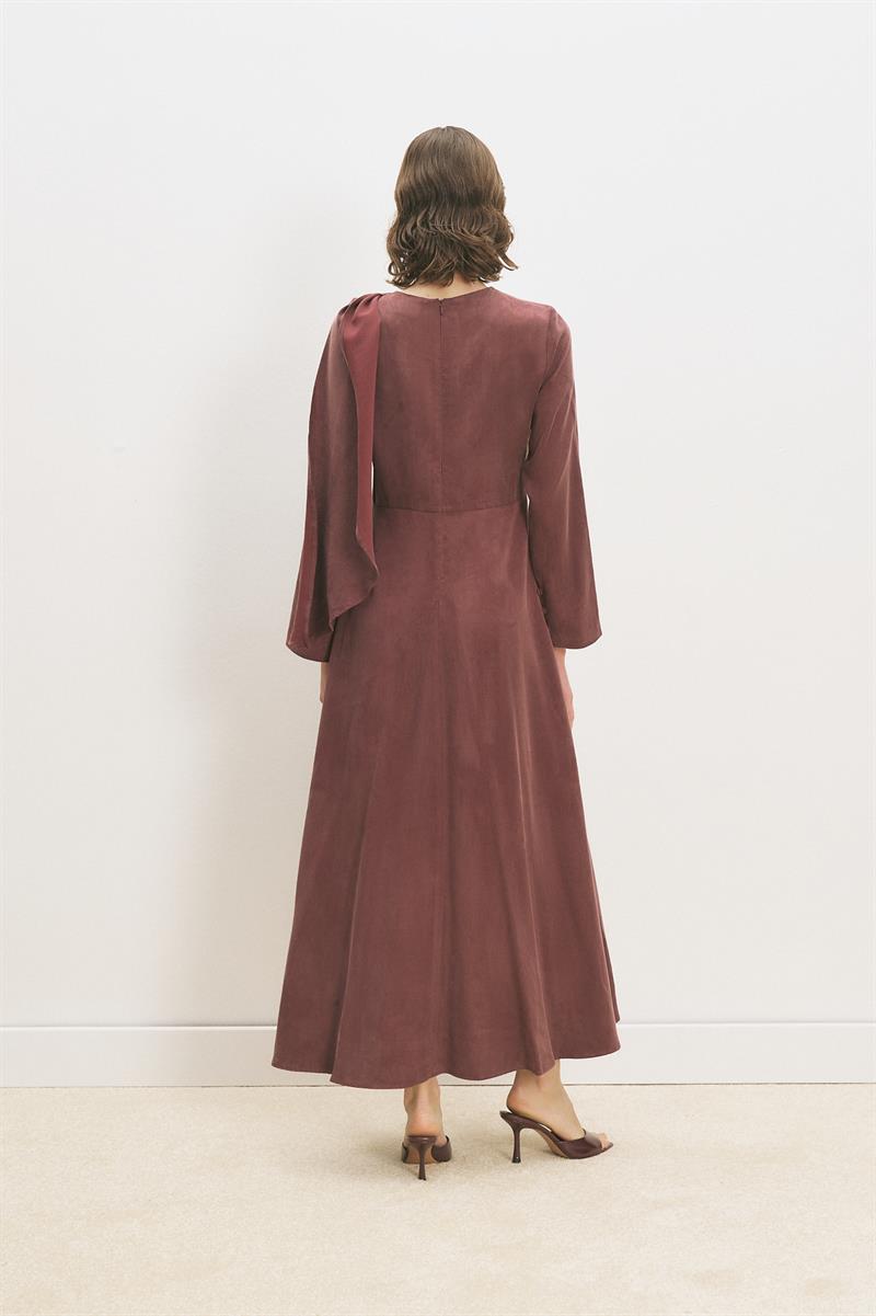 DANTE LYOCELL ŞAL DETAYLI BRİTLİ ELBİSE BORDO