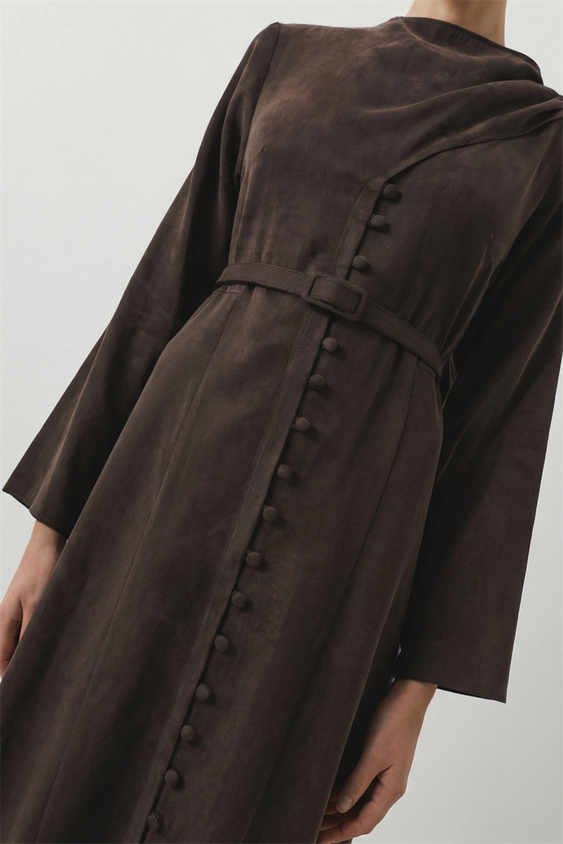 DANTE LYOCELL ŞAL DETAYLI BRİTLİ ELBİSE KAHVE