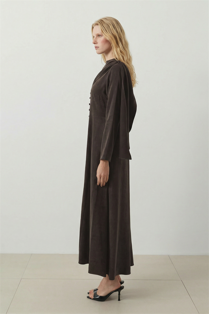 DANTE LYOCELL ŞAL DETAYLI BRİTLİ ELBİSE KAHVE