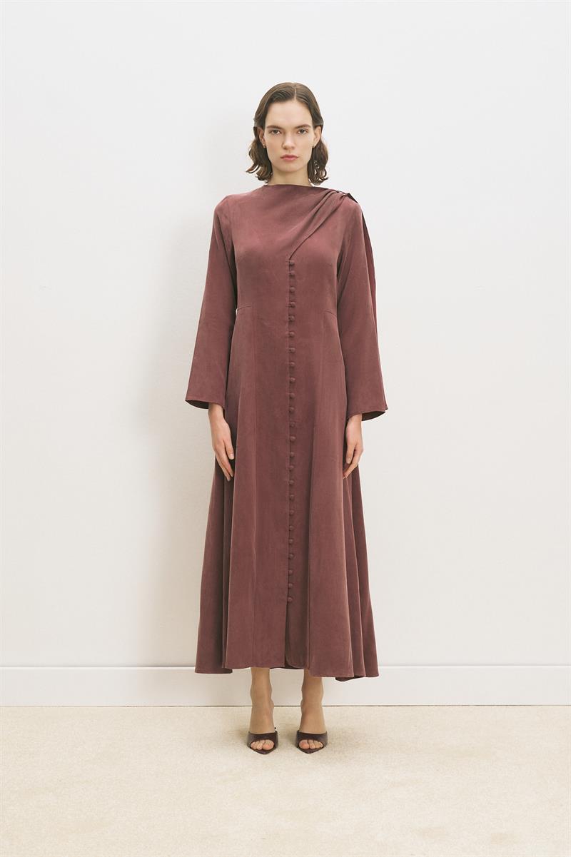DANTE LYOCELL ŞAL DETAYLI BRİTLİ ELBİSE BORDO
