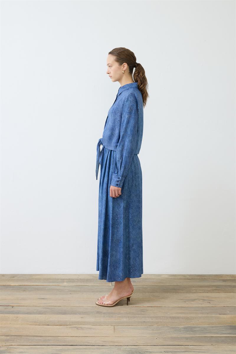 DENİM DESENLİ RAYON VİSKON BAĞLAMALI ETEKLİ TAKIM LACİVERT