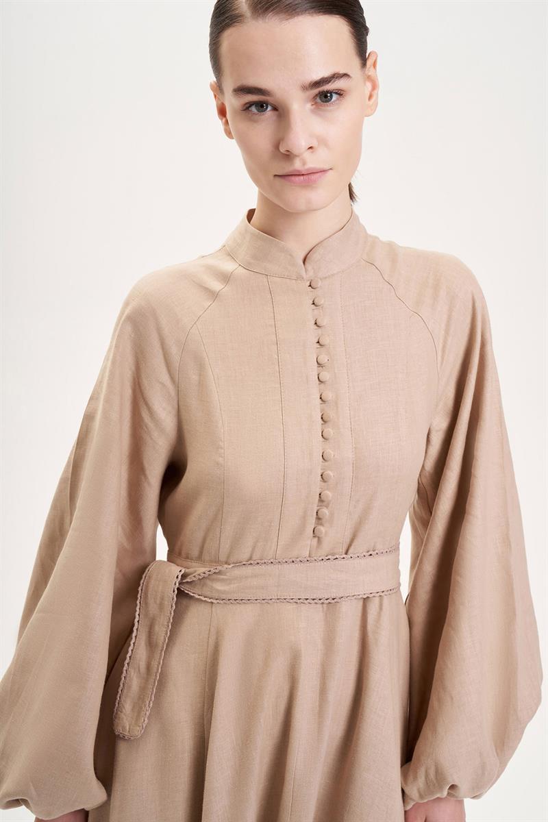 DIVA %100 LINEN BELTED DRESS CAMEL
