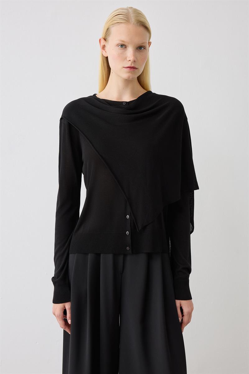 DOREN SHAWL DETAIL MERCERIZED KNIT CARDIGAN BLACK