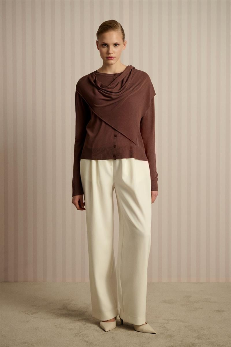 DOREN ŞAL DETAYLI TRİKO MERSERİZE HIRKA KAHVERENGİ