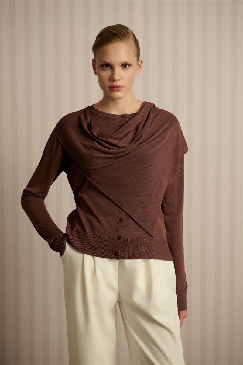 DOREN ŞAL DETAYLI TRİKO MERSERİZE HIRKA KAHVERENGİ