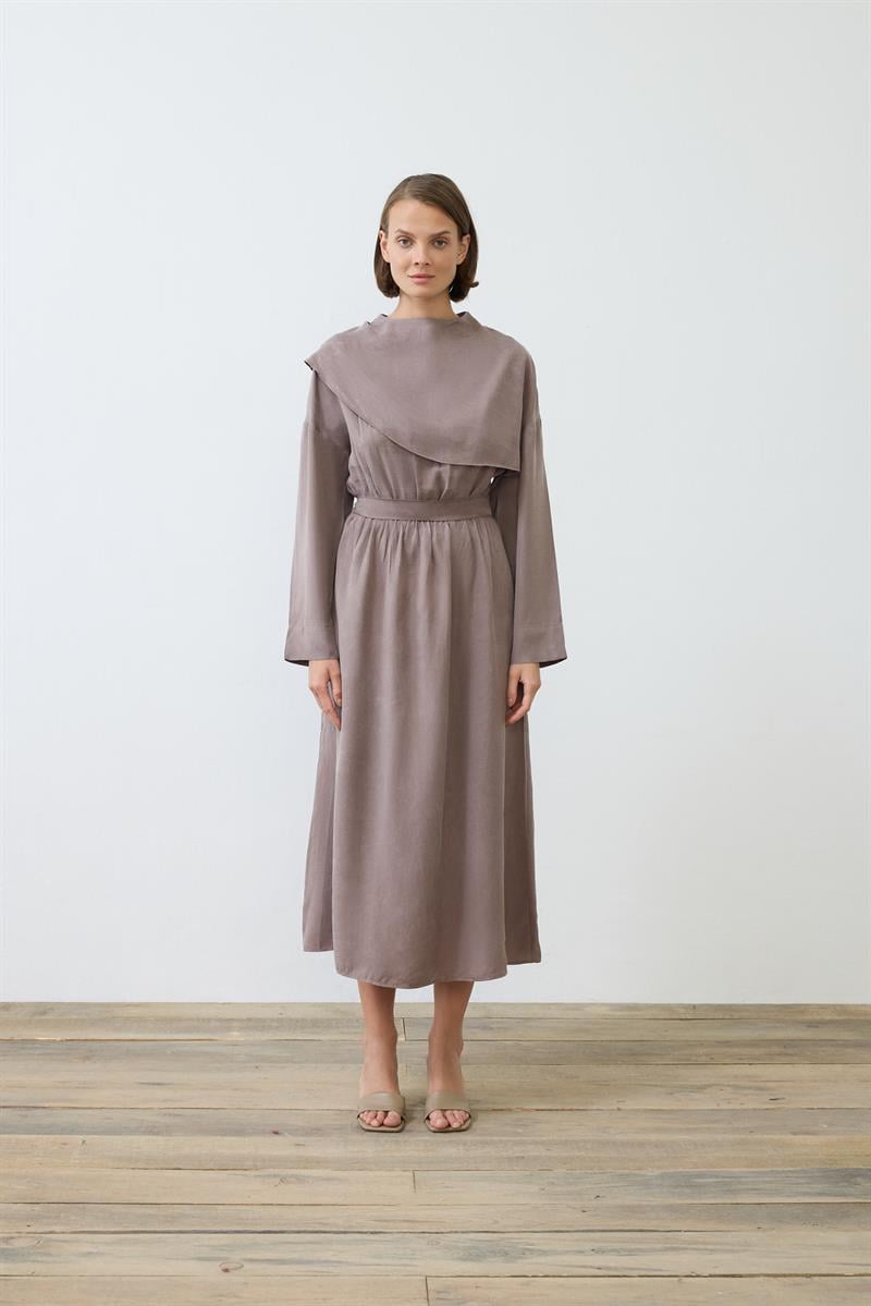 ELVA WASHED SILK SHAWL DETAILED DRESS ETOUPE