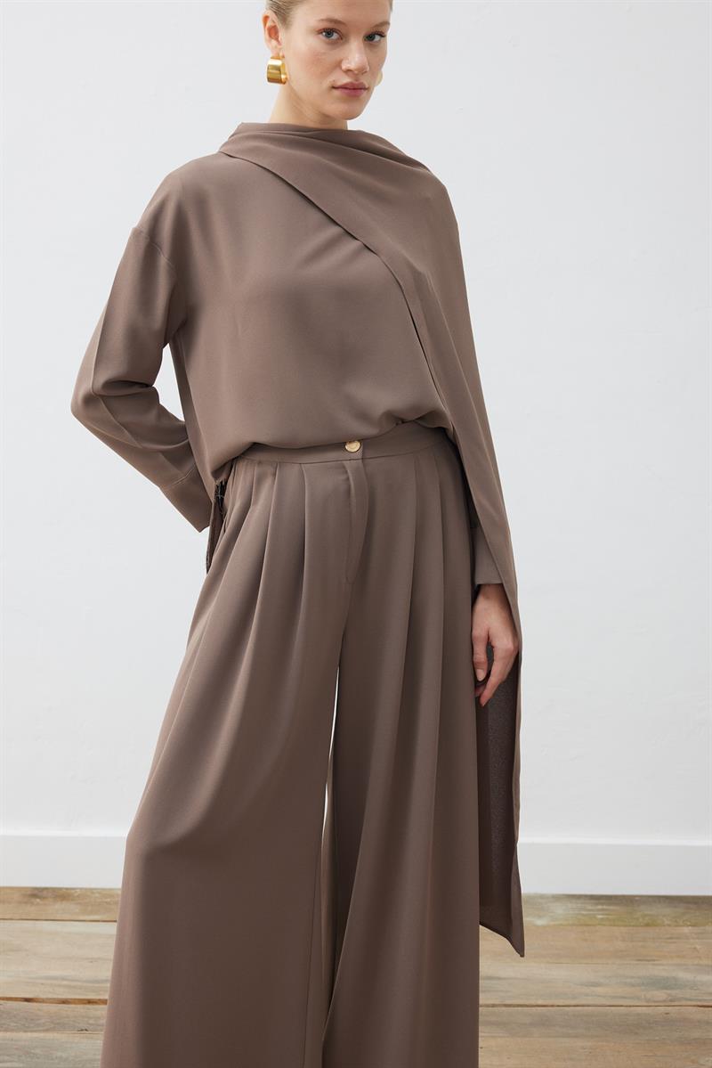 EVA KREP ŞALLI BLUZ - PALAZZO PANTOLONLU TAKIM ETUP