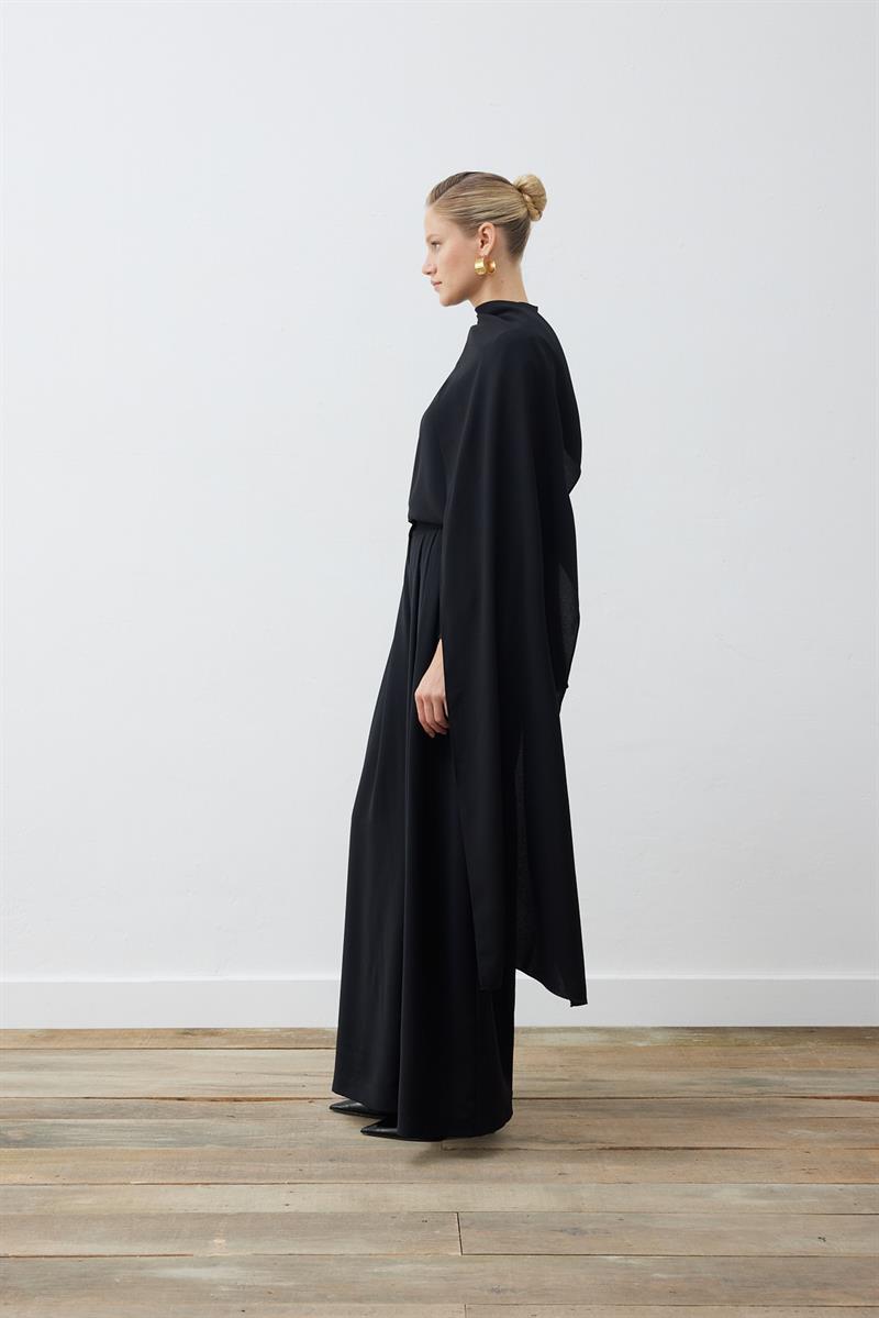 EVA KREP ŞALLI BLUZ - PALAZZO PANTOLONLU TAKIM SİYAH