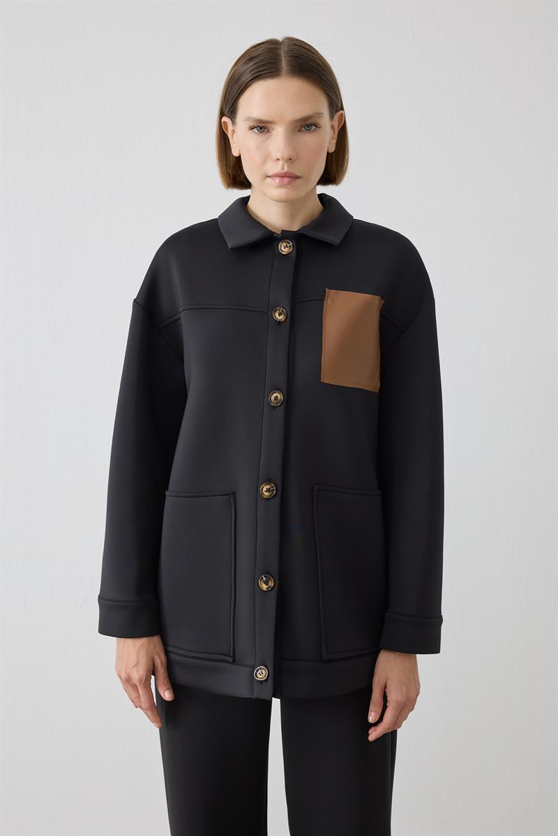 EVVA DERİ DETAYLI SCUBA PANTOLONLU TAKIM SİYAH