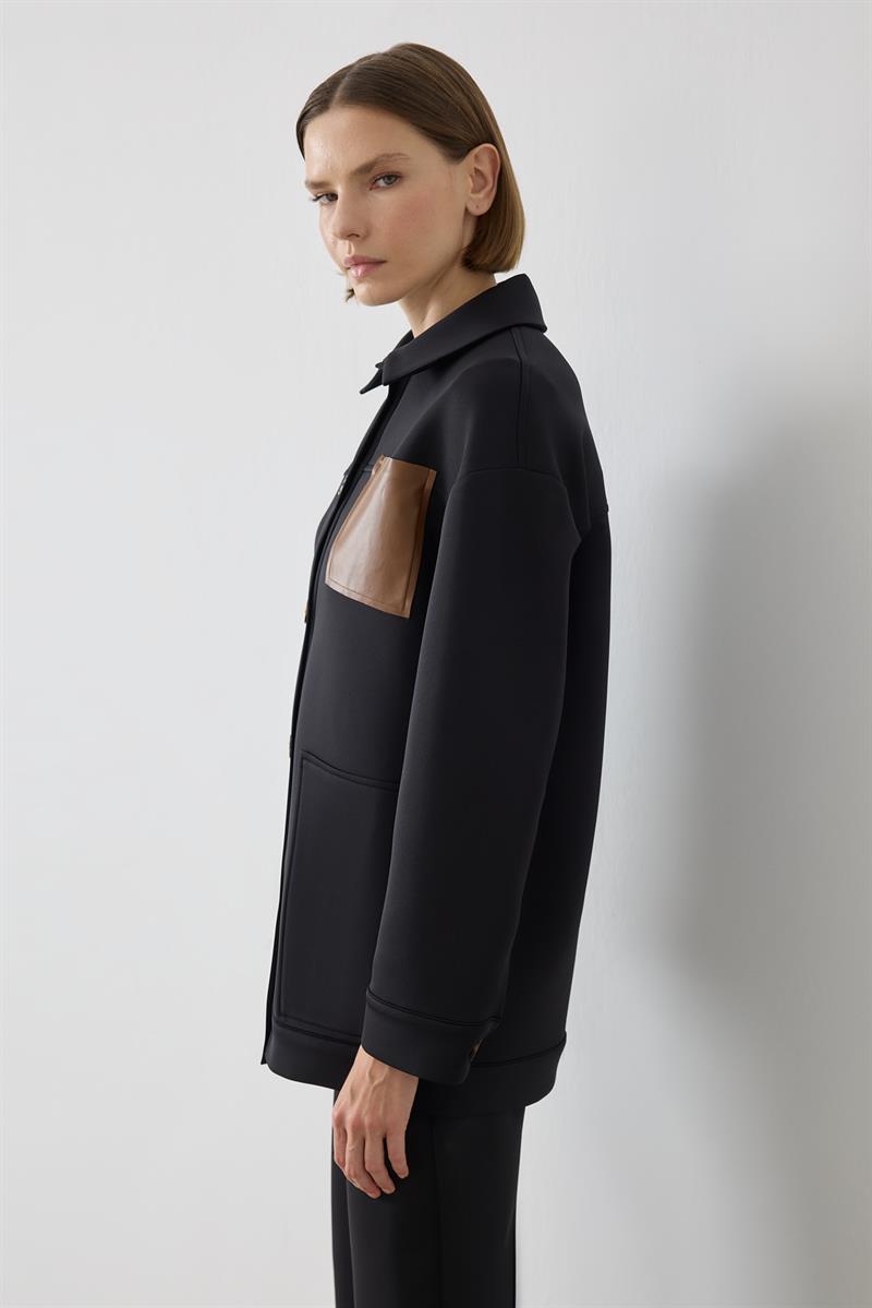 EVVA DERİ DETAYLI SCUBA PANTOLONLU TAKIM SİYAH