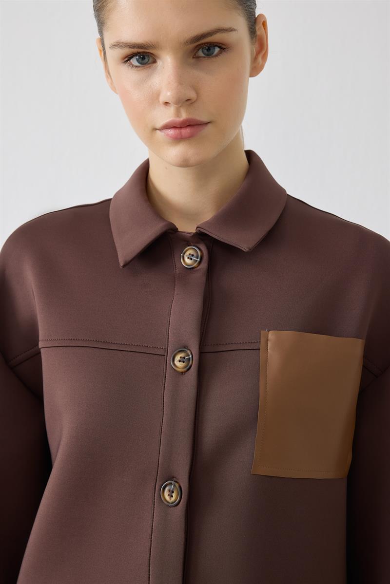 EVVA DERİ DETAYLI SCUBA PANTOLONLU TAKIM KAHVE