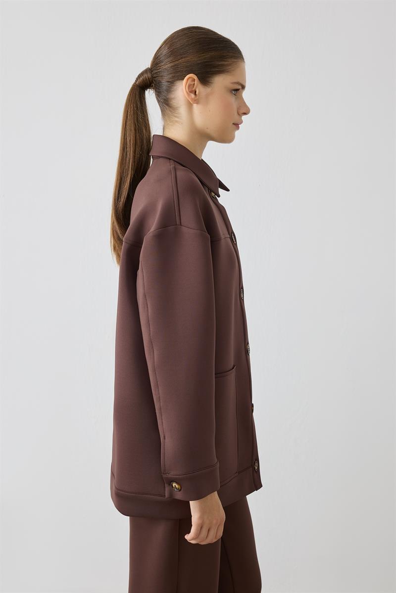 EVVA DERİ DETAYLI SCUBA PANTOLONLU TAKIM KAHVE