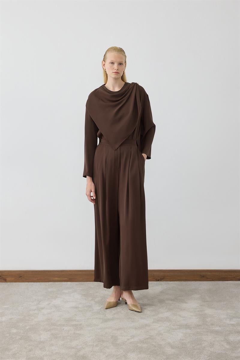 FERAL SHAWL DETAILED PANTS SUIT BROWN