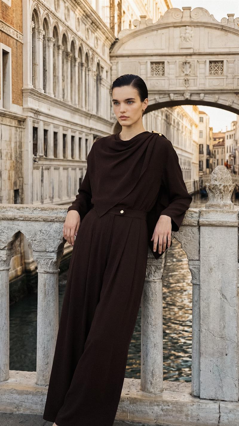 FERAL SHAWL DETAILED PANTS SUIT BROWN