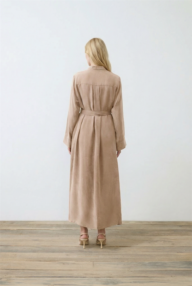 GLORIA TAŞLANMIŞ İPEK ELBİSE CAMEL