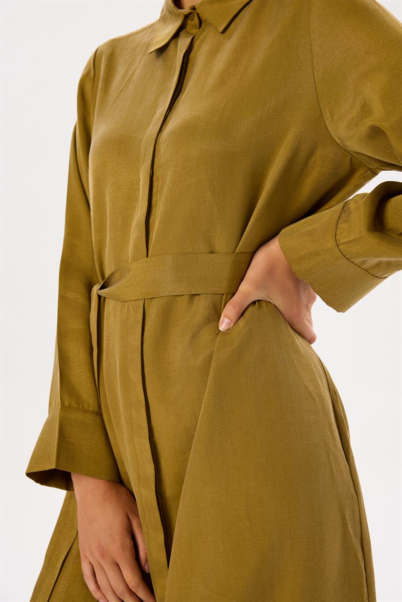 GLORIA TAŞLANMIŞ İPEK GÖMLEK ELBİSE YEŞİL