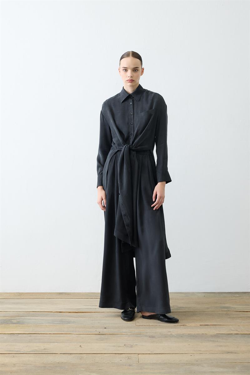 GLORIA WASHED SILK LONG SHIRT PANTS SET BLACK