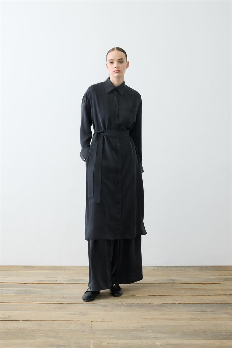 GLORIA WASHED SILK LONG SHIRT PANTS SET BLACK