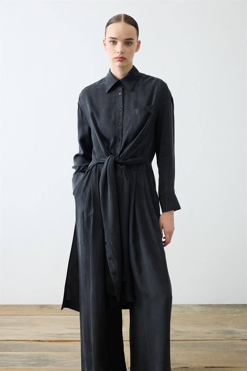 GLORIA WASHED SILK LONG SHIRT PANTS SET BLACK