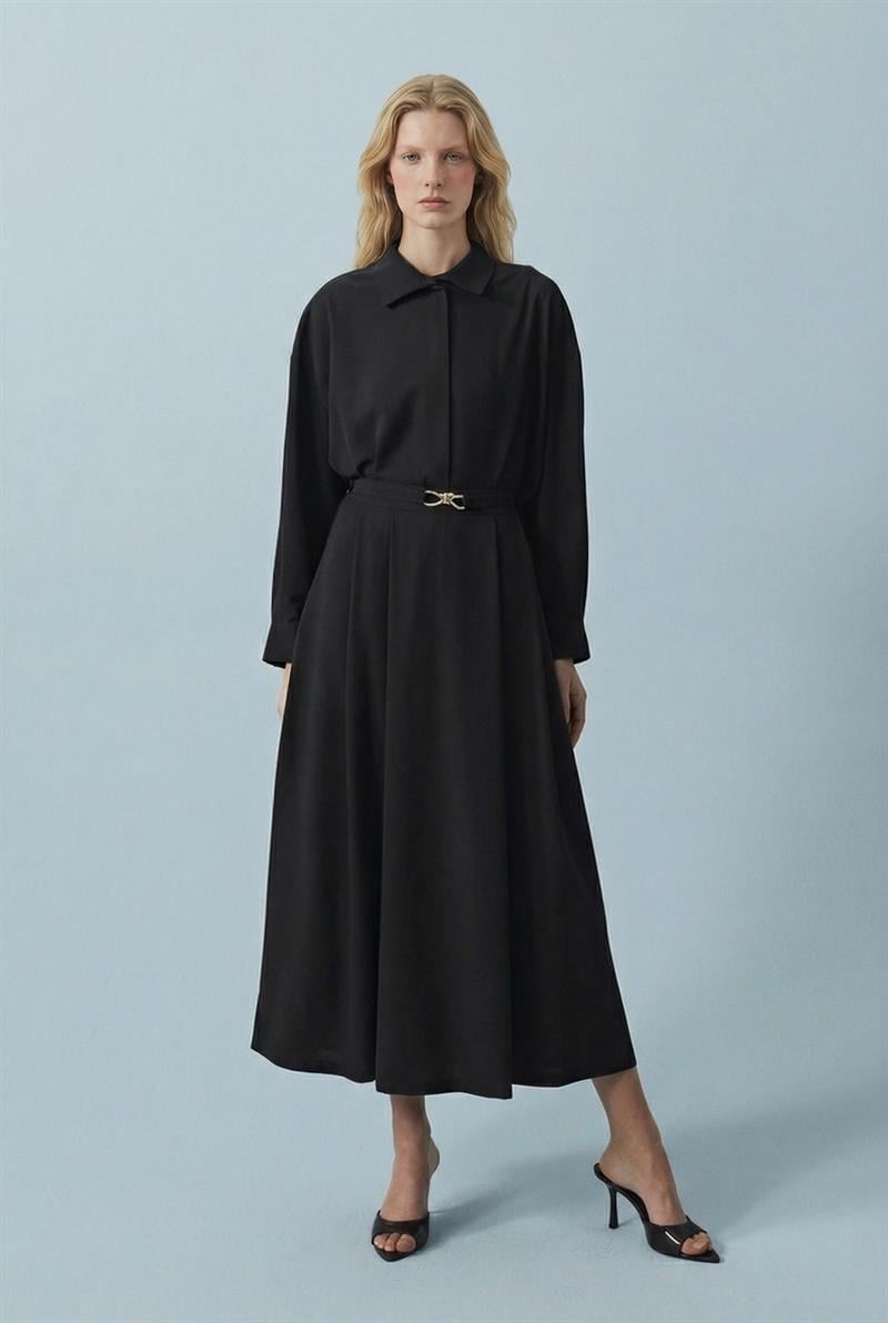 GOLD DÜĞÜM KEMER DETAYLI KREP ETEKLİ TAKIM SİYAH