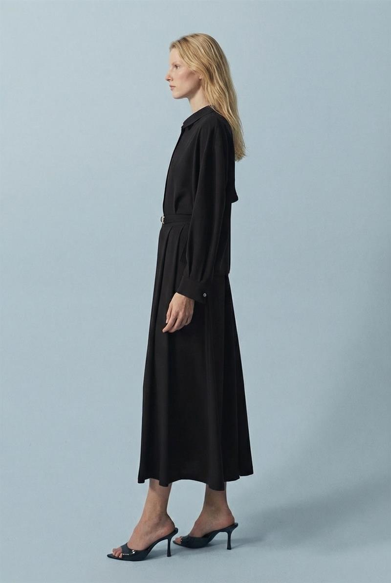 GOLD DÜĞÜM KEMER DETAYLI KREP ETEKLİ TAKIM SİYAH