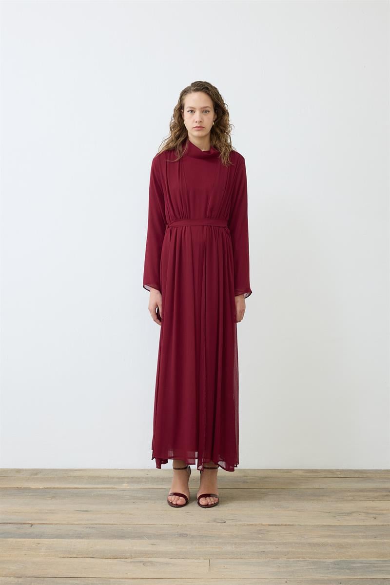 HELEN DOKULU ŞİFON ELBİSE BORDO