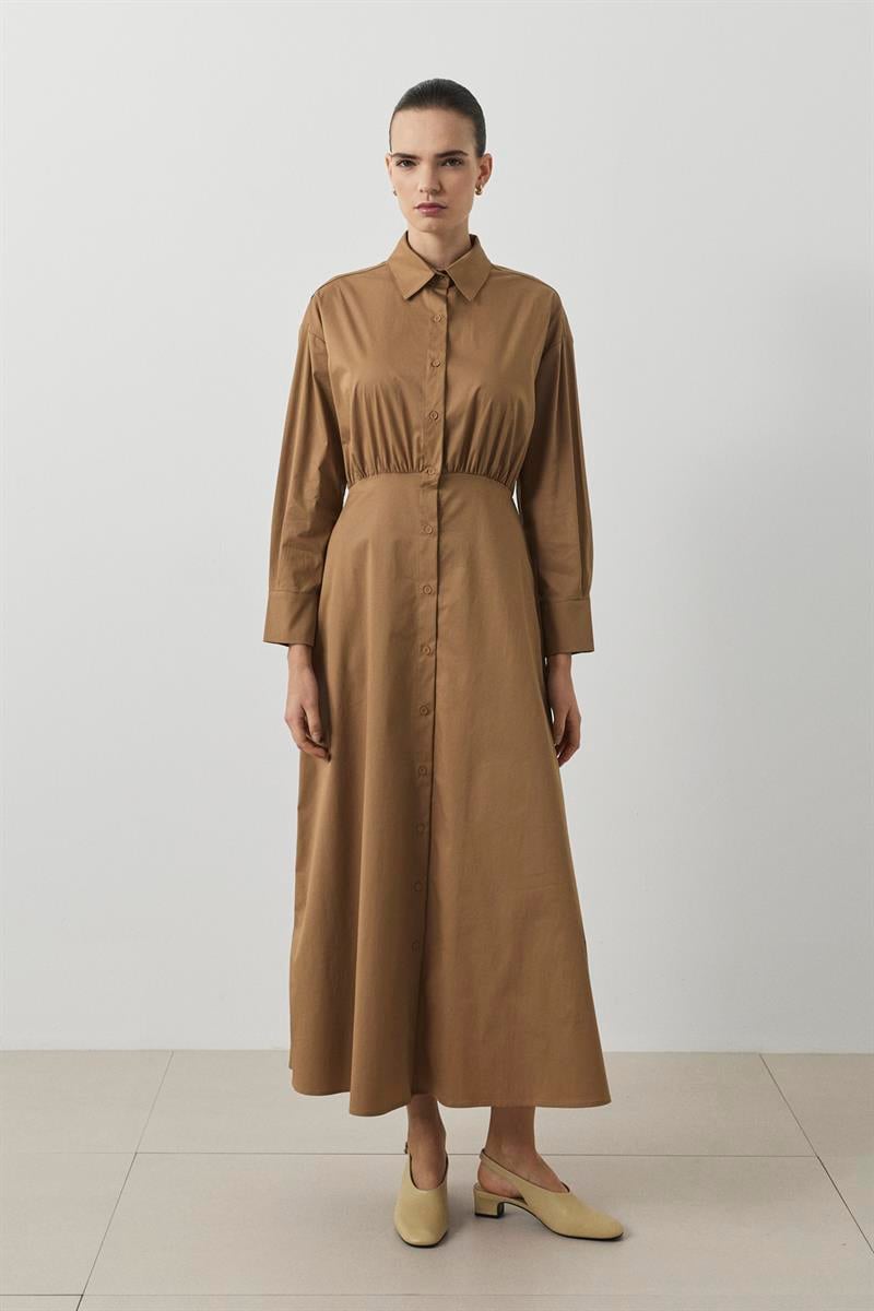 HERRY BÜZGÜLÜ KOTON ELBİSE CAMEL