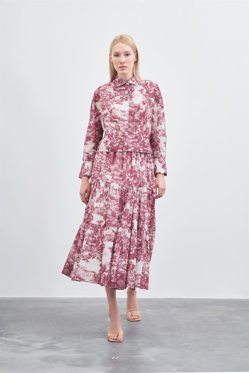 LADY PATTERNED VOUL SKIRT SUIT MAROON