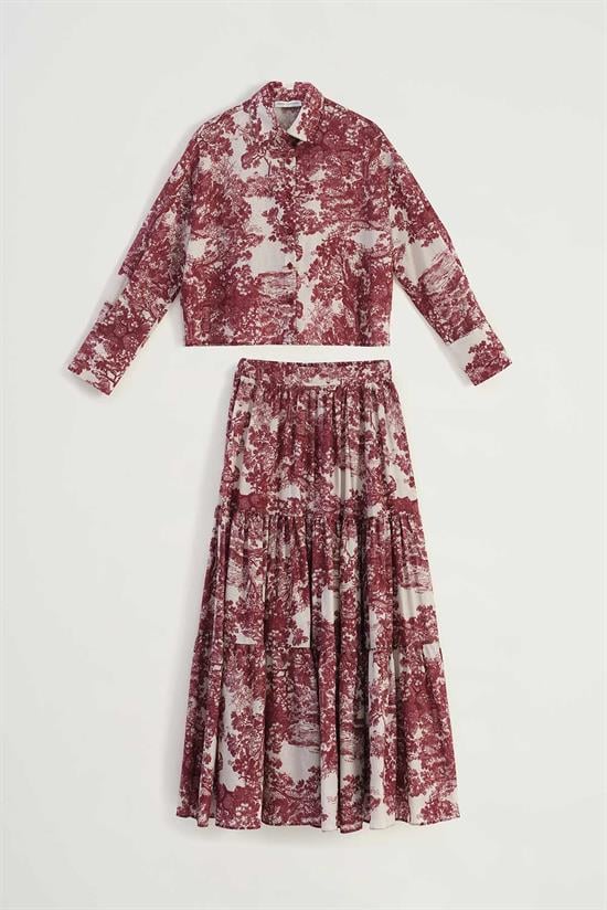 LADY PATTERNED VOUL SKIRT SUIT MAROON