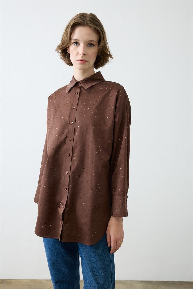 LAURA STONE EMBELLISHED COTTON SHIRT BROWN
