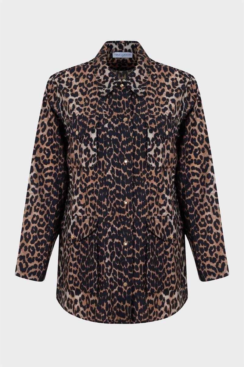 LEOPAR DESEN CEPLİ PANTOLONLU TAKIM KAHVE